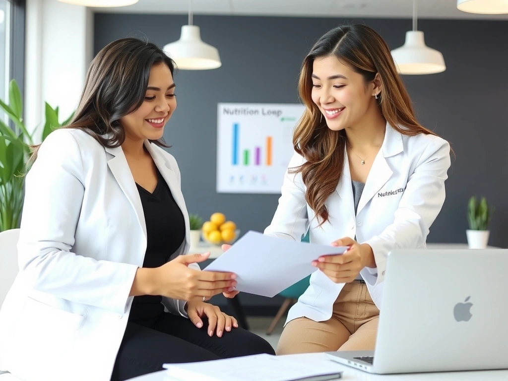 Eine Ernährungsberaterin berät eine Klientin in einer freundlichen, hellen Umgebung.