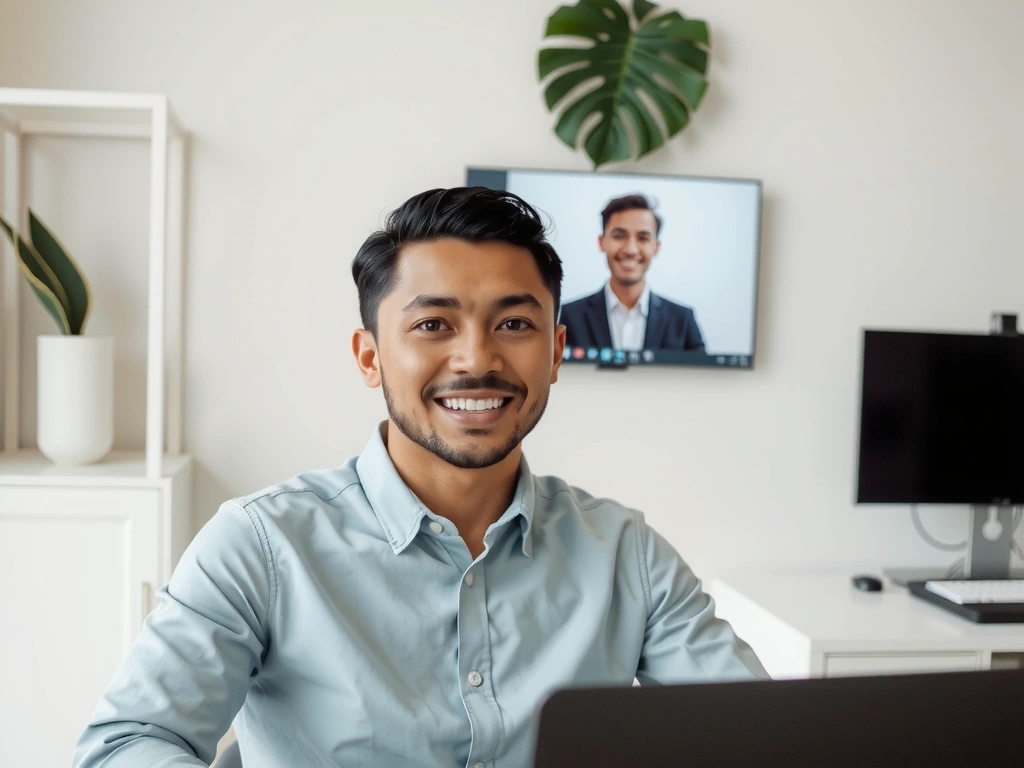 Eine Person in einem professionellen und freundlichen Videoanruf, der Online-Beratung symbolisiert.