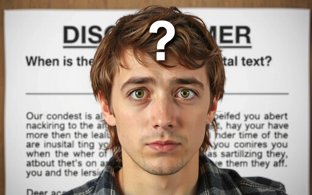 Person mit Fragezeichen über dem Kopf vor einem Disclaimer-Schild