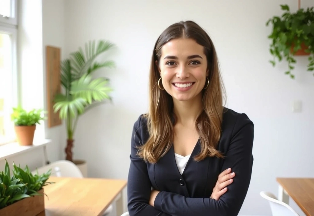 Porträt einer jungen Ernährungsberaterin mit fröhlichem Ausdruck.